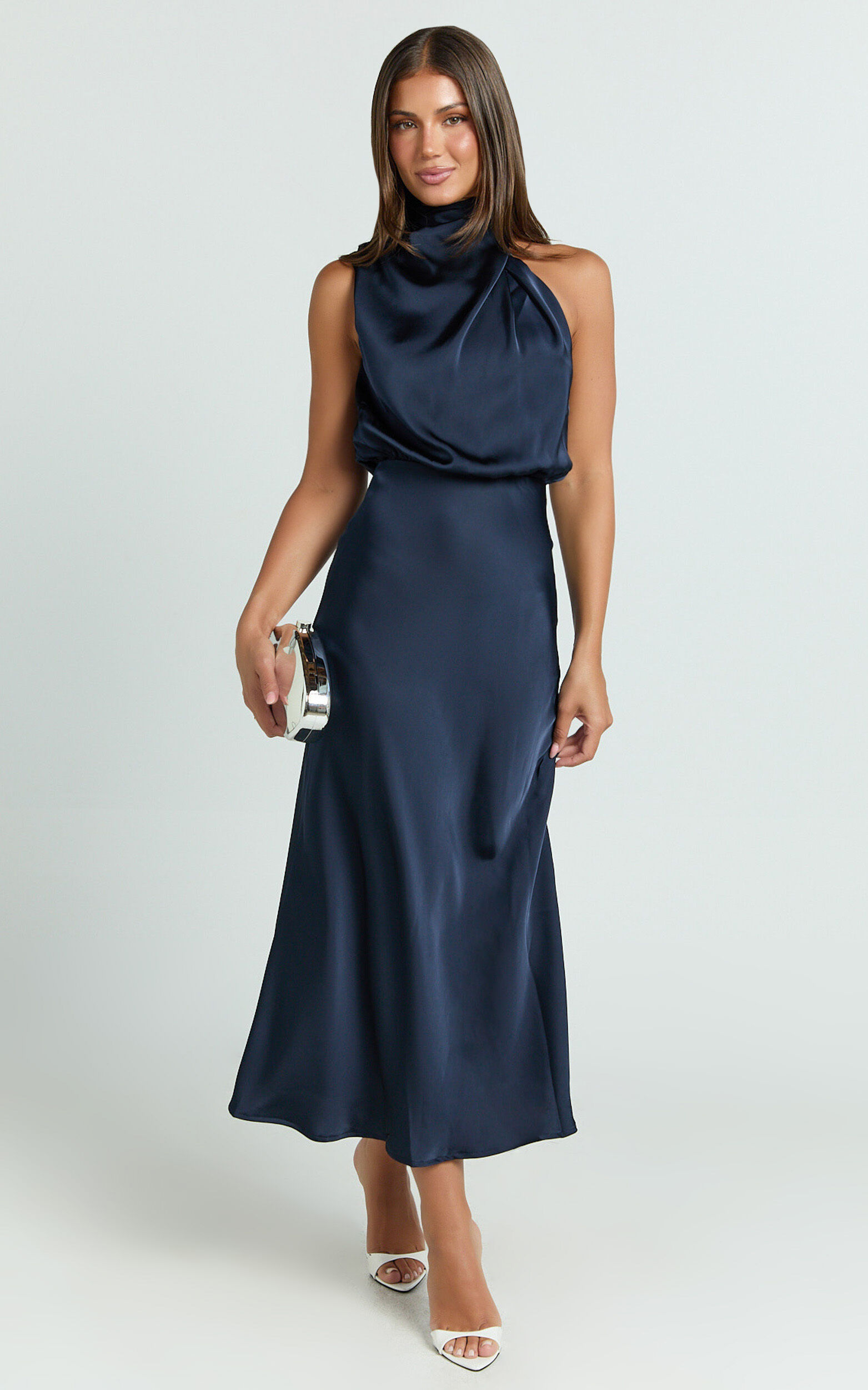 Minnie Midi Dress - Drape Neck Satin Slip Dress in Midnight Blue - 06, BLU1