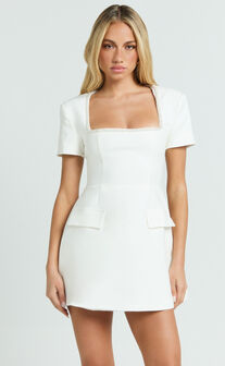 Nakita Mini Dress - Short Sleeve Pearl Trim Square Neck Tulip Dress in White