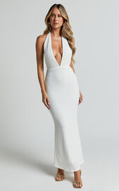 Ada Maxi Dress - Halter Plunge Textured Jersey Open Back Dress in White ...
