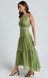 Edeline Midi Dress - One Shoulder Twist Tiered Dress in Olive | Showpo NZ