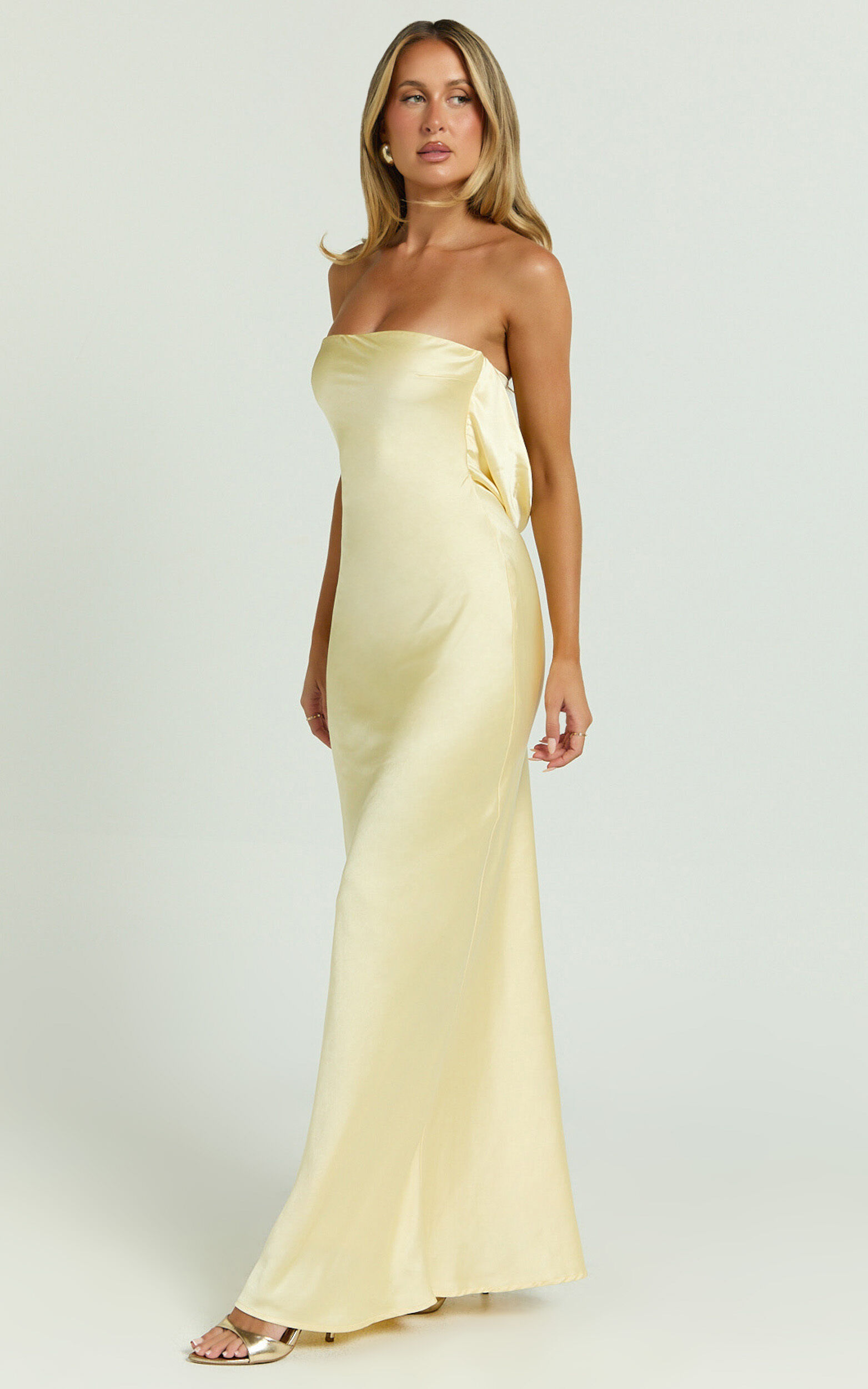 Charlita Maxi Dress - Strapless Cowl Back Satin Dress in Butter Yellow - 06, YEL6