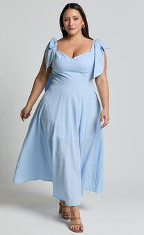 Tymia Midi Dress - Shoulder Tie Bustier Shirred Back A Line in Pastel Blue