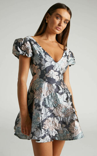 Brailey Jacquard Mini Dress - Puff Sleeve Dress in Sage