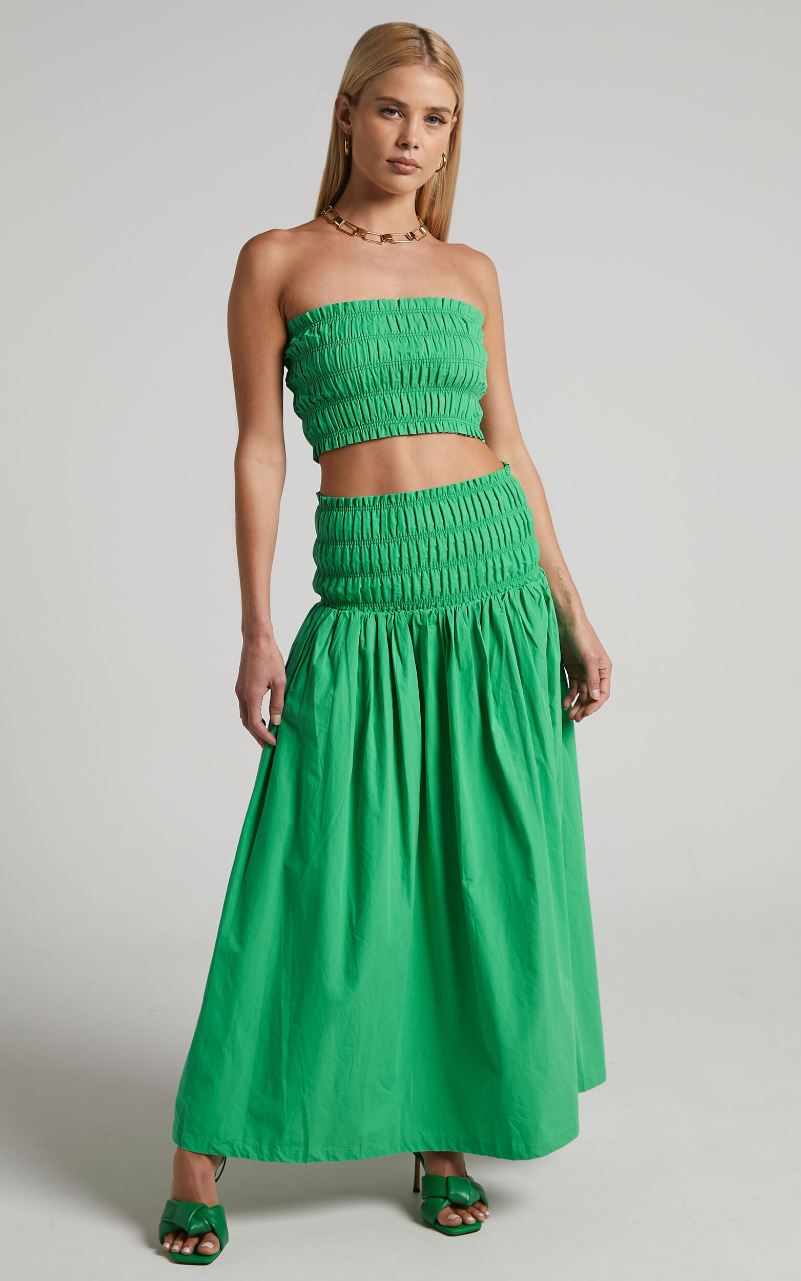 Haydie Two Piece Set - Shirred Bandeau Crop Top and Maxi Skirt in Green - 04, GRN1