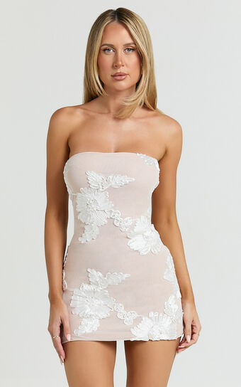 Shelby Mini Dress - Strapless Rosette Bodycon Dress in White