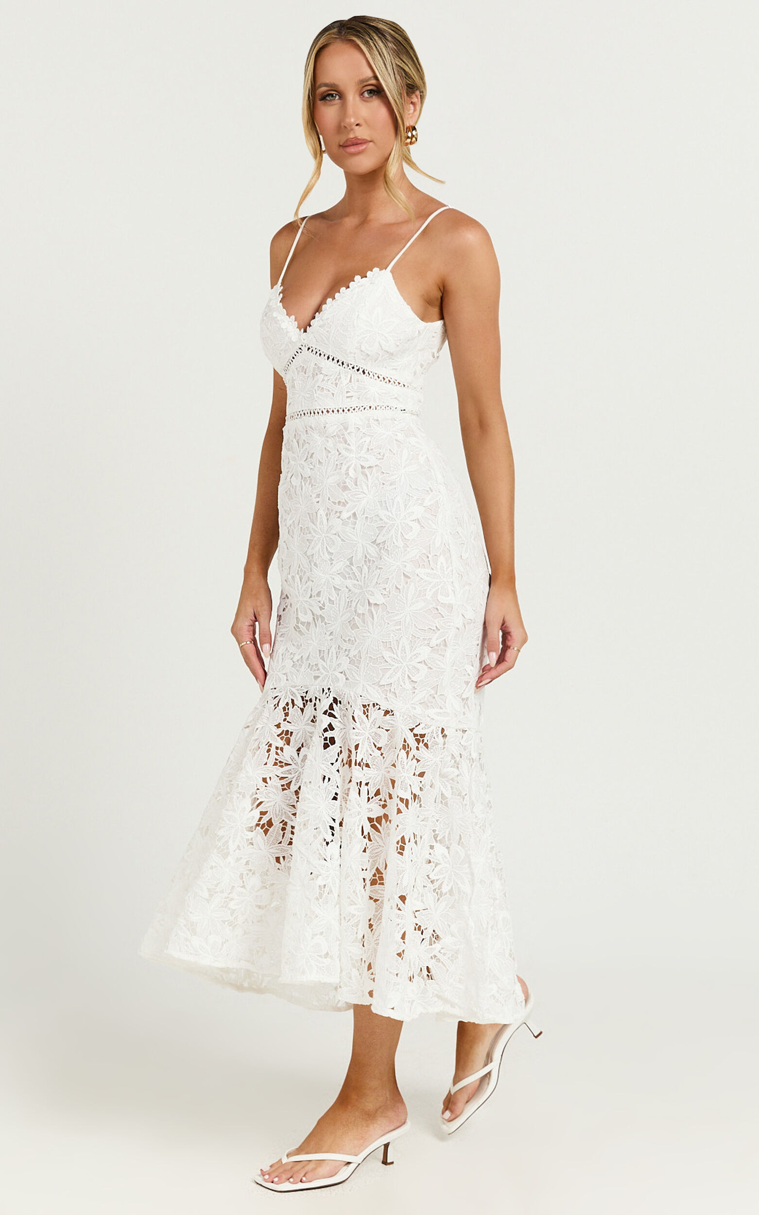 Aracely Midi Dress Strappy Sweetheart Lace Mermaid Dress in White Showpo EU