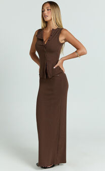 Brittany Two Piece Top and Skirt Set - Ribbed Skirt Set in Chocolate