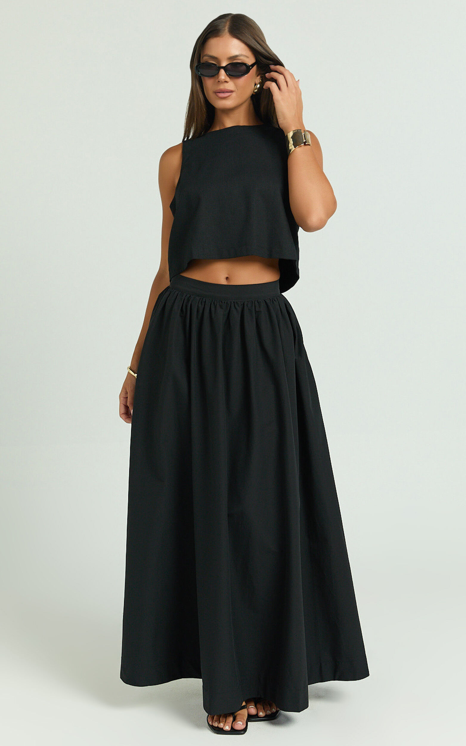 Preston Maxi Skirt - Gathered Waist Full Skirt in Black - 04, BLK1