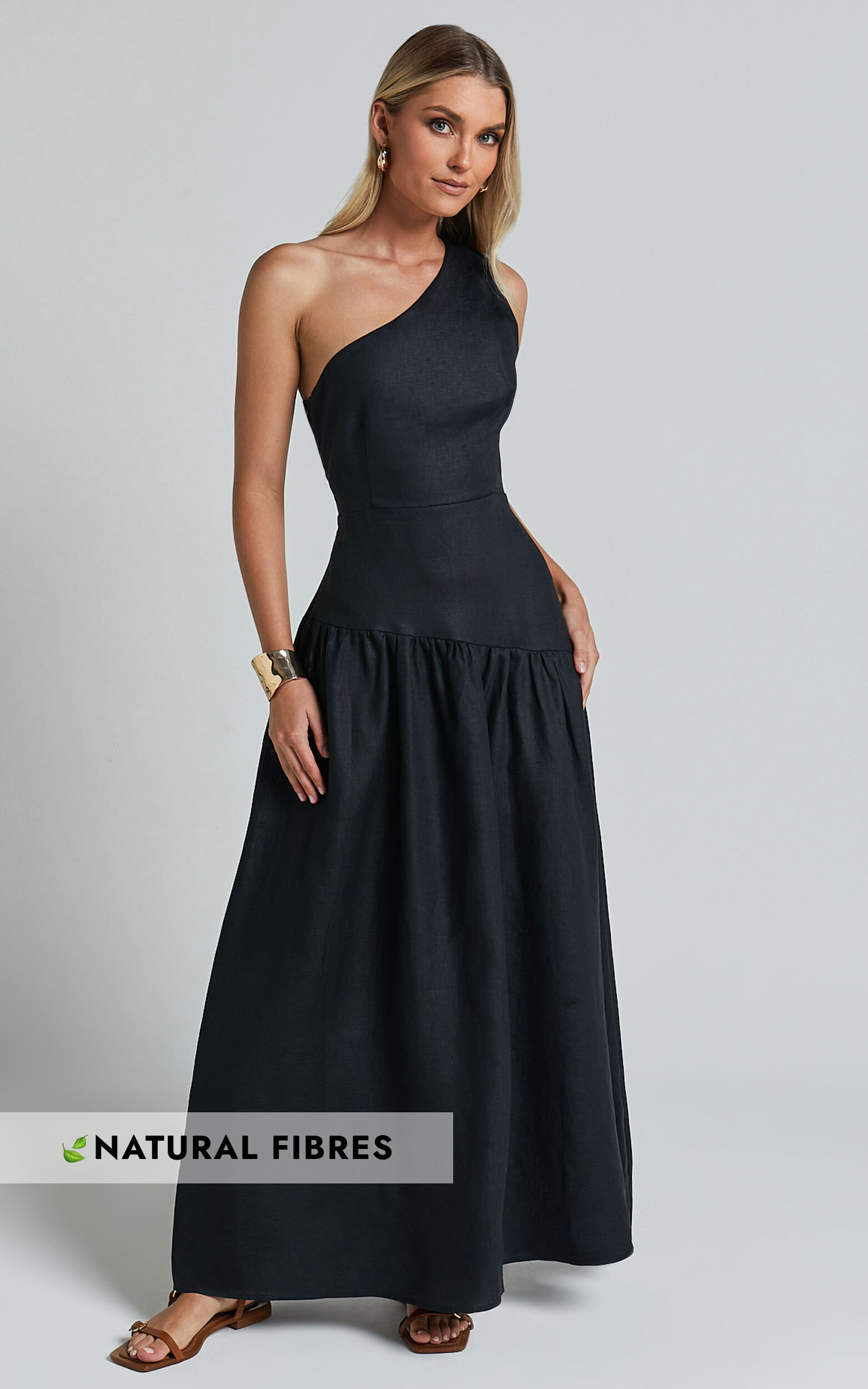 Amalie The Label - Alorah Linen Blend One Shoulder Dress in Black - 06, BLK1