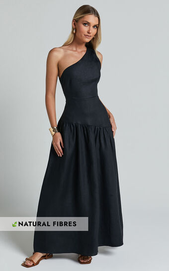 Amalie The Label - Alorah Linen Blend One Shoulder Dress in Black
