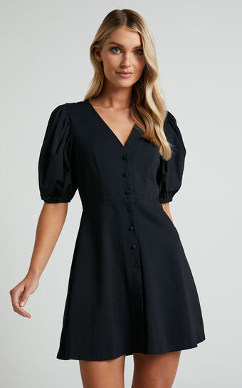 Rochelle Mini Dress - V Neck Button Through Dress in Black
