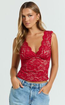 Antonia Top - V Neck Lace Detail Top in Dark Red