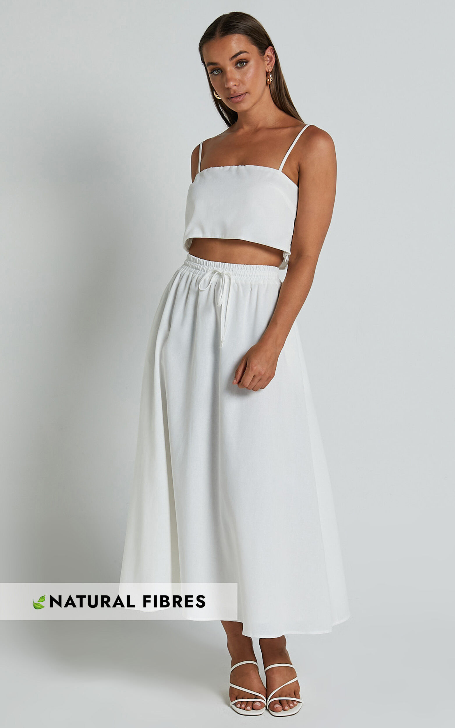 Lumi Two Piece Set -Linen Strappy Crop Top and Drawstring Midi Skirt in White - 06, WHT1