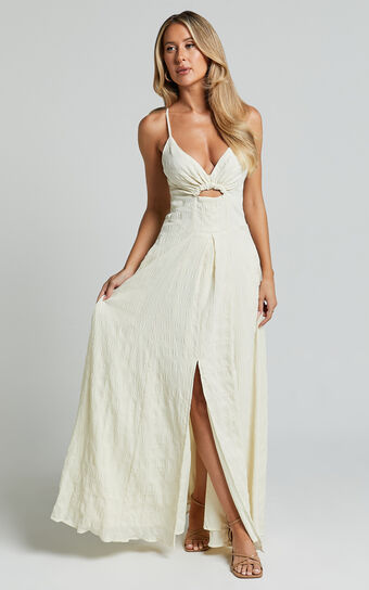 Marisse Maxi Dress Cut Out Front Split Cross Back Textured in Cream