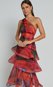 Chelsea Midi Dress - One Shoulder Tie Strap Layered Dress in Print