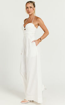 Norah Jumpsuit - Linen Halter Neck Wide Leg Jumpsuit in White