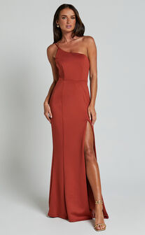 No Ones Fault Midi Dress - One Shoulder Thigh Split Dress in Rust