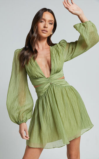 Casey Mini Dress - Plunge Neck Puff Long Sleeve Dress in Sage No Brand