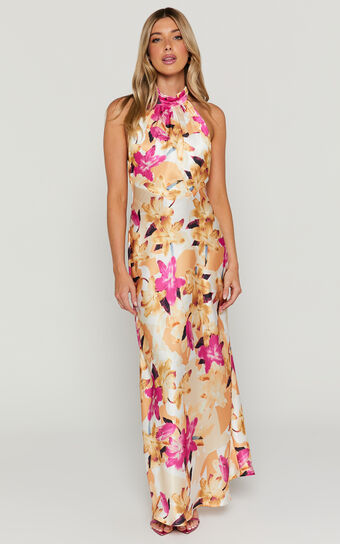 Cyra Midi Dress - Halter Neck Satin Bias Dress in Pink Floral