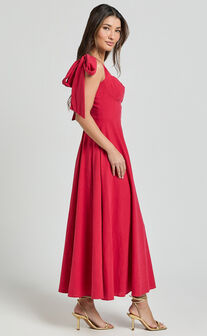 Tymia Midi Dress - Shoulder Tie Bustier Shirred Back A Line in Red