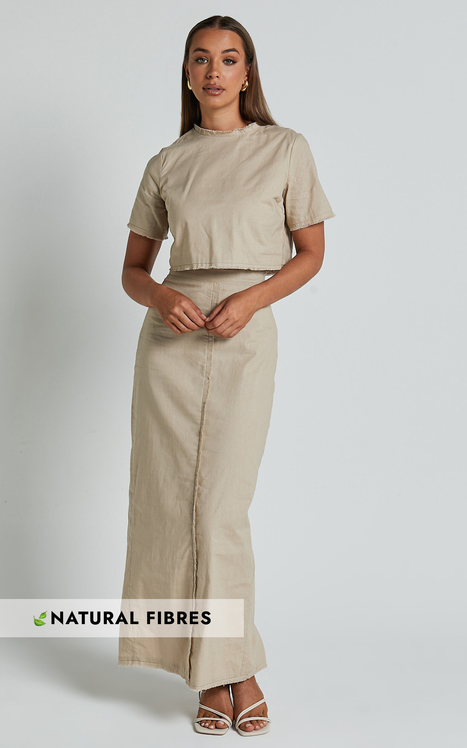 Tisdale Two Piece Set - Linen Look Scoop Neck Short Sleeve Cropped Top and Maxi Skirt in Sand - 04, NEU1