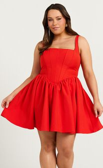 Aimee Mini Dress - Scoop Neck Corset Gathered Dress in Red