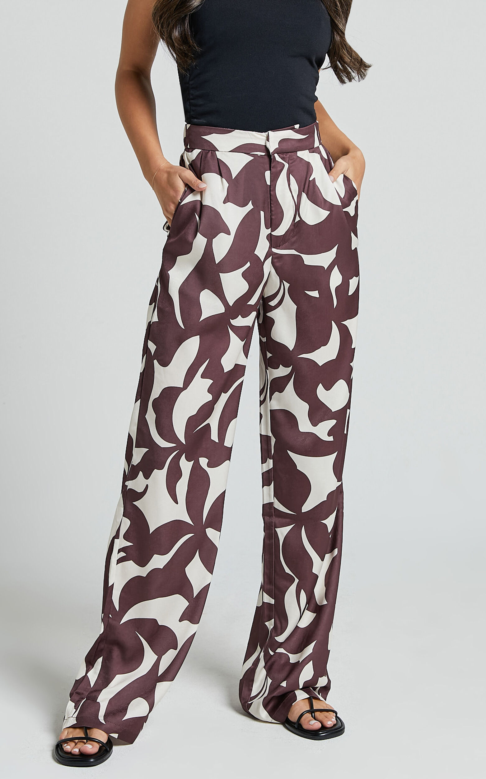 Janissa Pants High Waisted Wide Leg Pants in Brown Floral Showpo USA