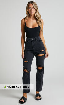 Billie Jeans - High Waisted Cotton Distressed Mom Denim Jeans in Black Wash