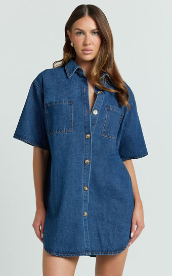 Richelle Mini Dress - Short Sleeve Denim Shirt Dress in Mid Blue