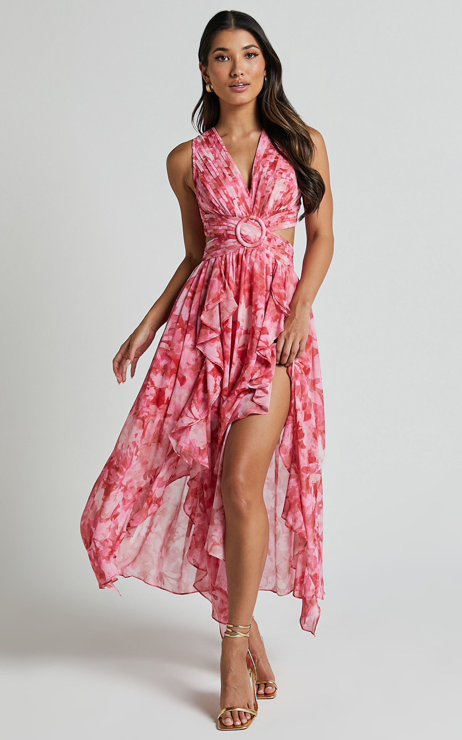 Plunge layered ruffles deals detail ruched maxi dress