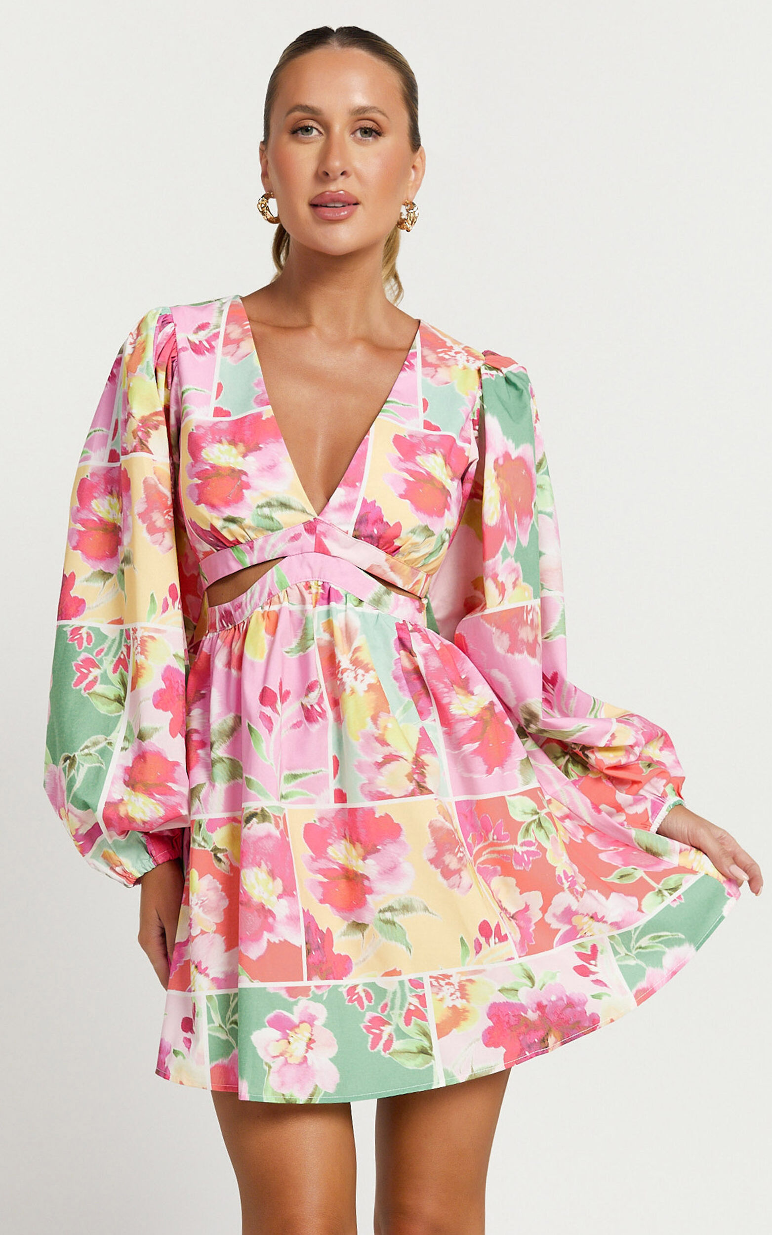 Emily Mini Dress - V Neck Long Sleeve Cut Out Dress in Blurred Patchwork Floral - 04, PNK1