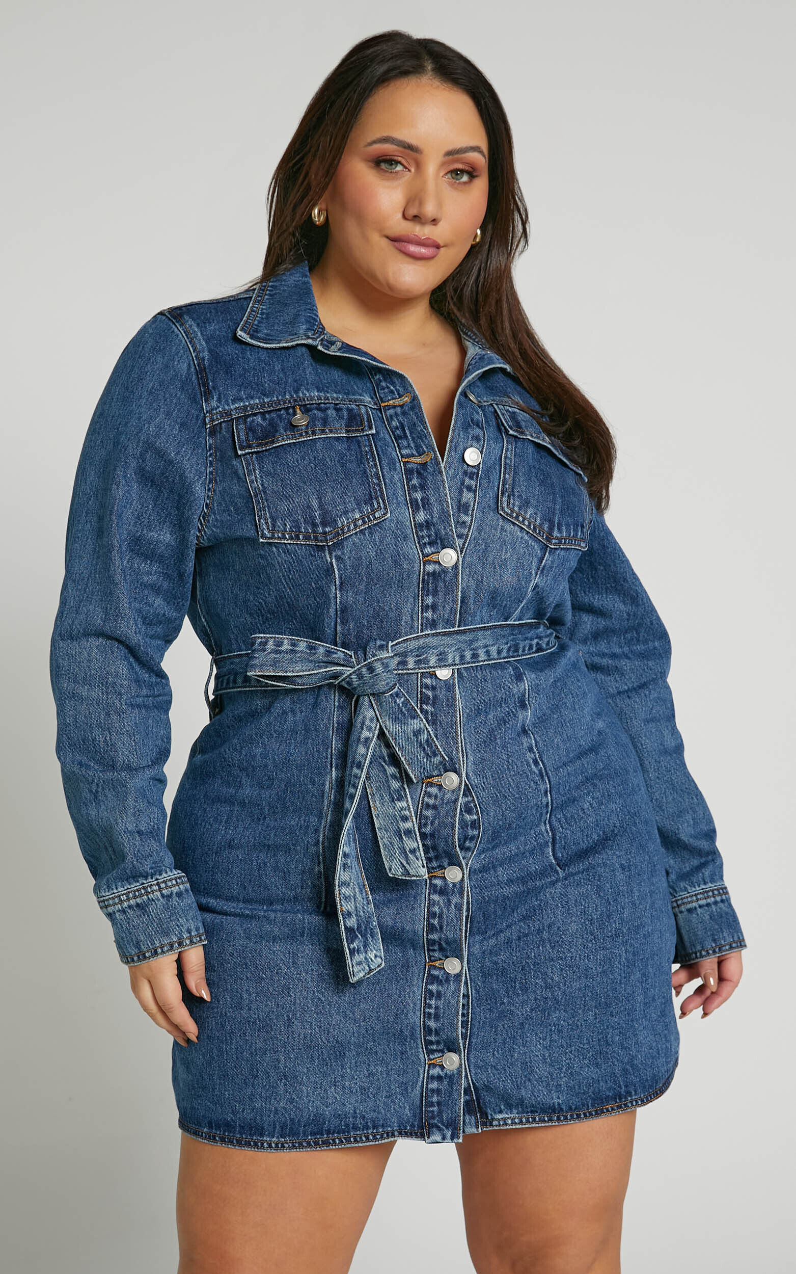 Nicole long sleeve button clearance front denim mini shirt dress