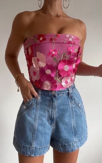 Wren Top - Strapless Garden Flowers Corset Top in Magenta