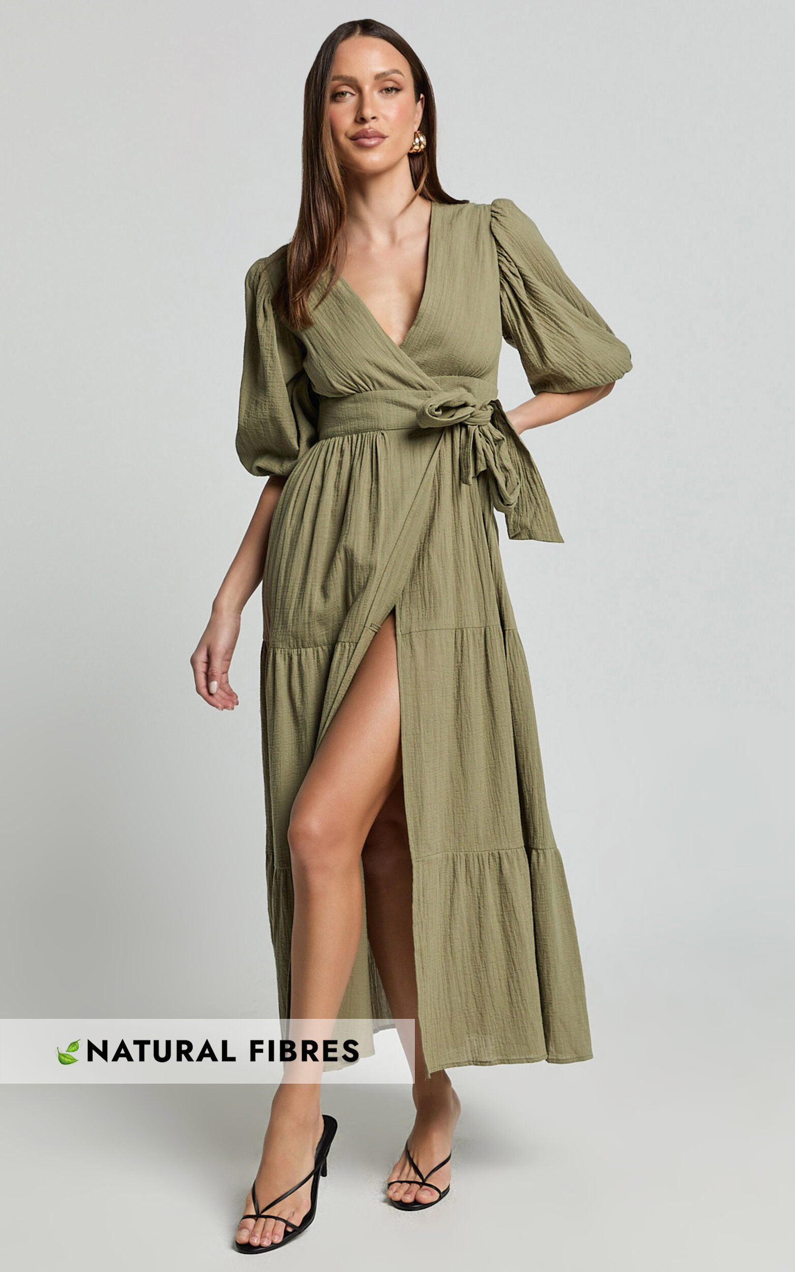 Penelope Wrap Front Puff Sleeve Midi Dress in Olive - 04, GRN1