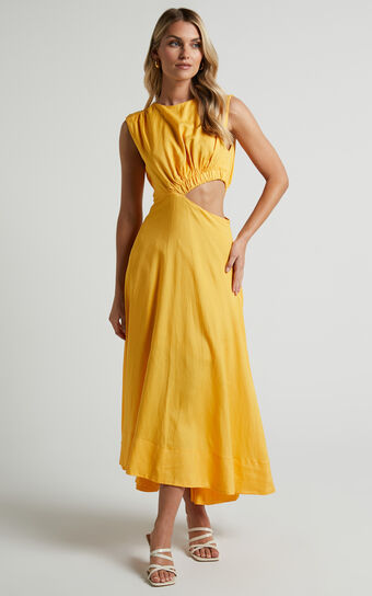 Martha Midi Dress - A Line Side Cutout Sleeveless Dress in Mango