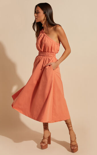 Yulia Midi Dress - One Shoulder Shirred Waist Dress in Orange