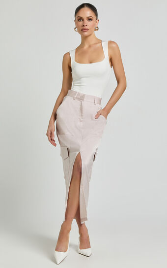 Mariya Midi Skirt - High Waisted Front Split Cargo Skirt in Pearl