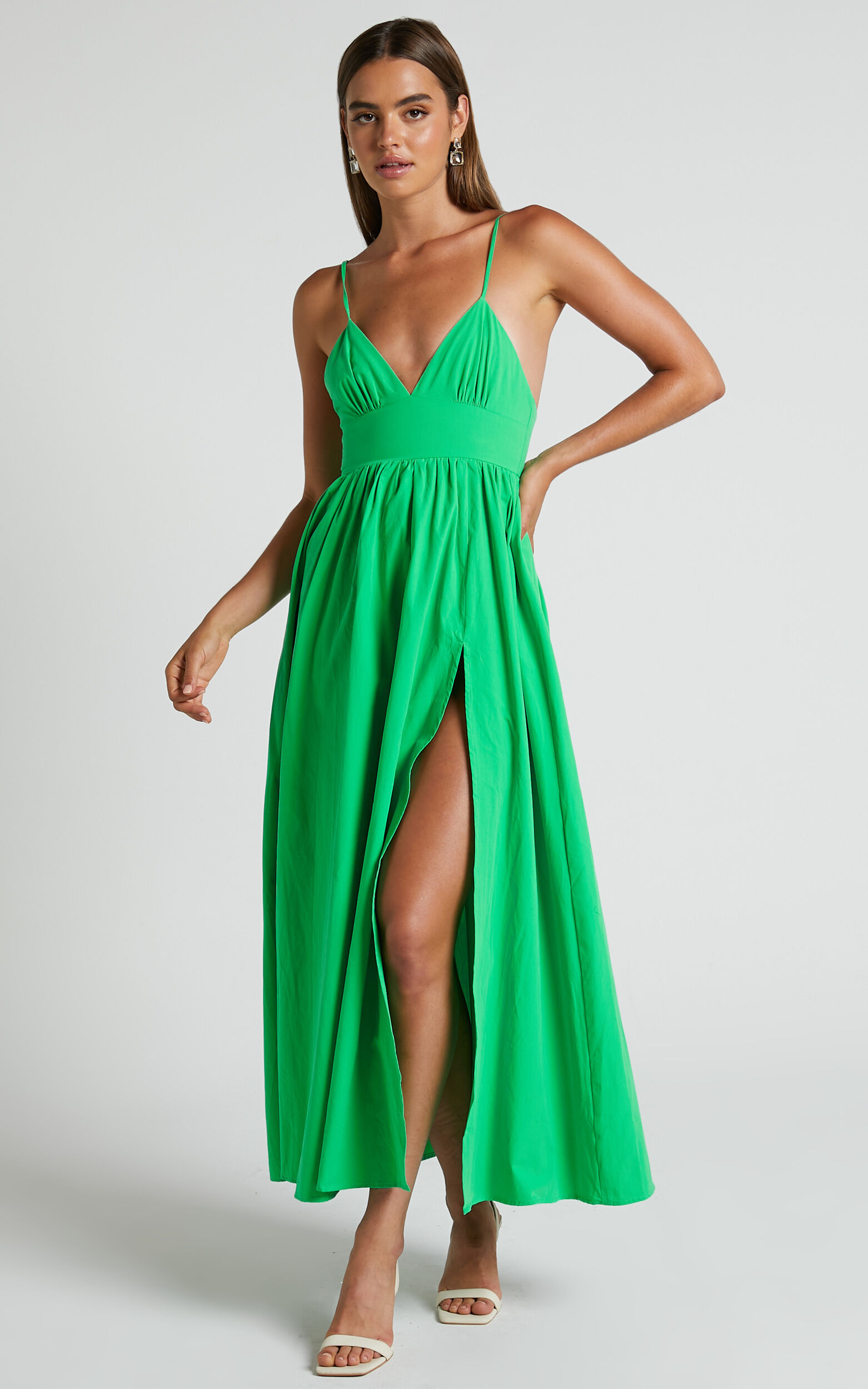 Haydie Maxi Dress V Neck Thigh Split Dress in Green