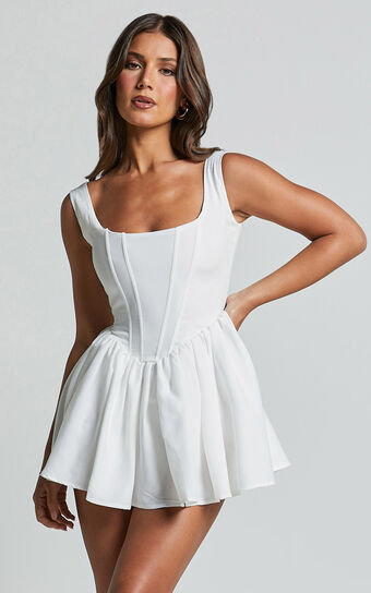 Carolyn Mini Dress - Wide Strap Sleeveless Fit and Flare Dress in White