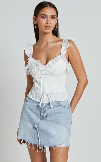 Drew Top - Textured Lace Frill Detail Top in White