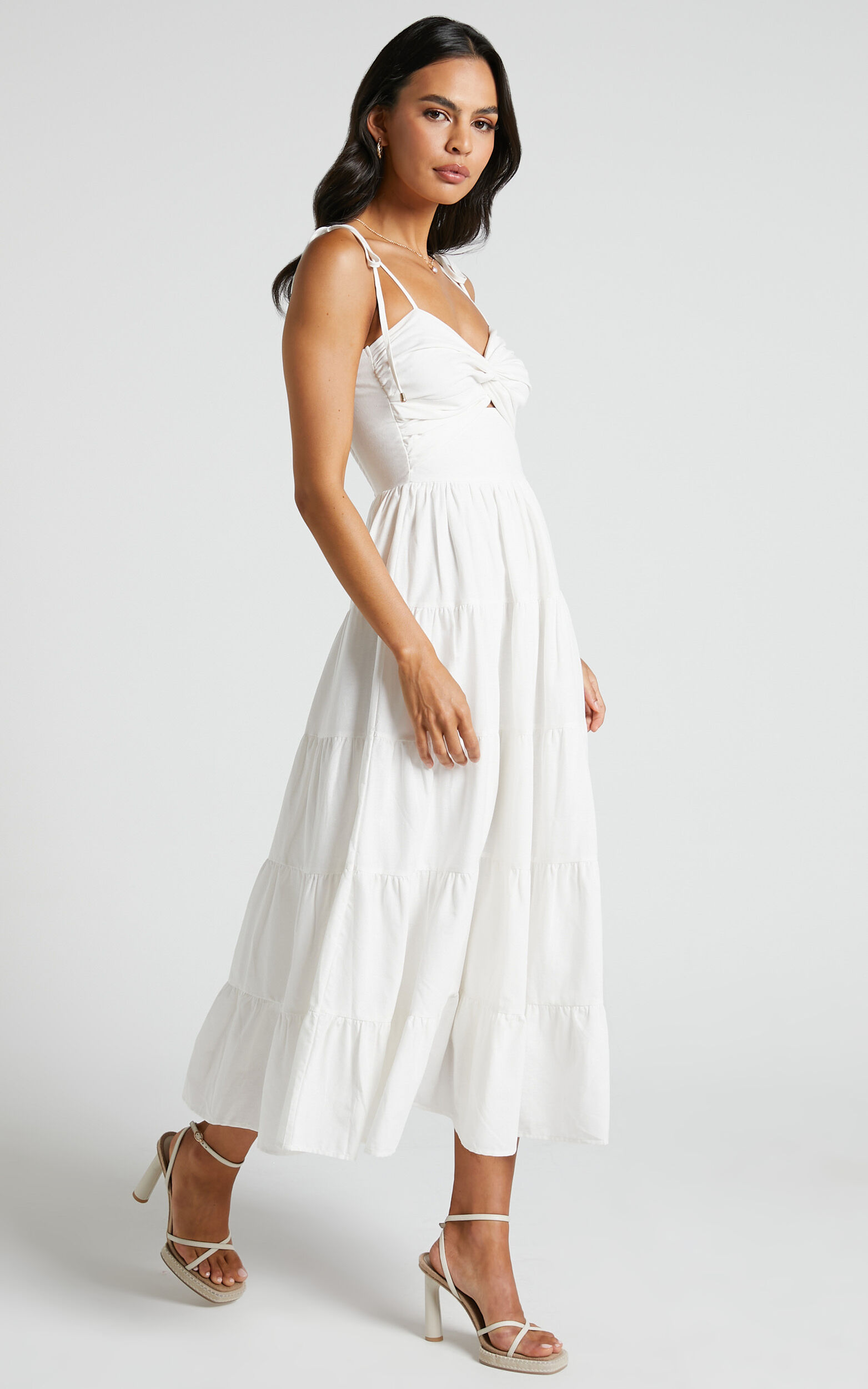 Leticia Midi Dress - Twist Front Tie Strap Tiered Dress in Off White ...