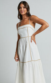 Chanika Midi Dress - Straight Neck Sleeveless Tiered Dress in White with Beige Contrast