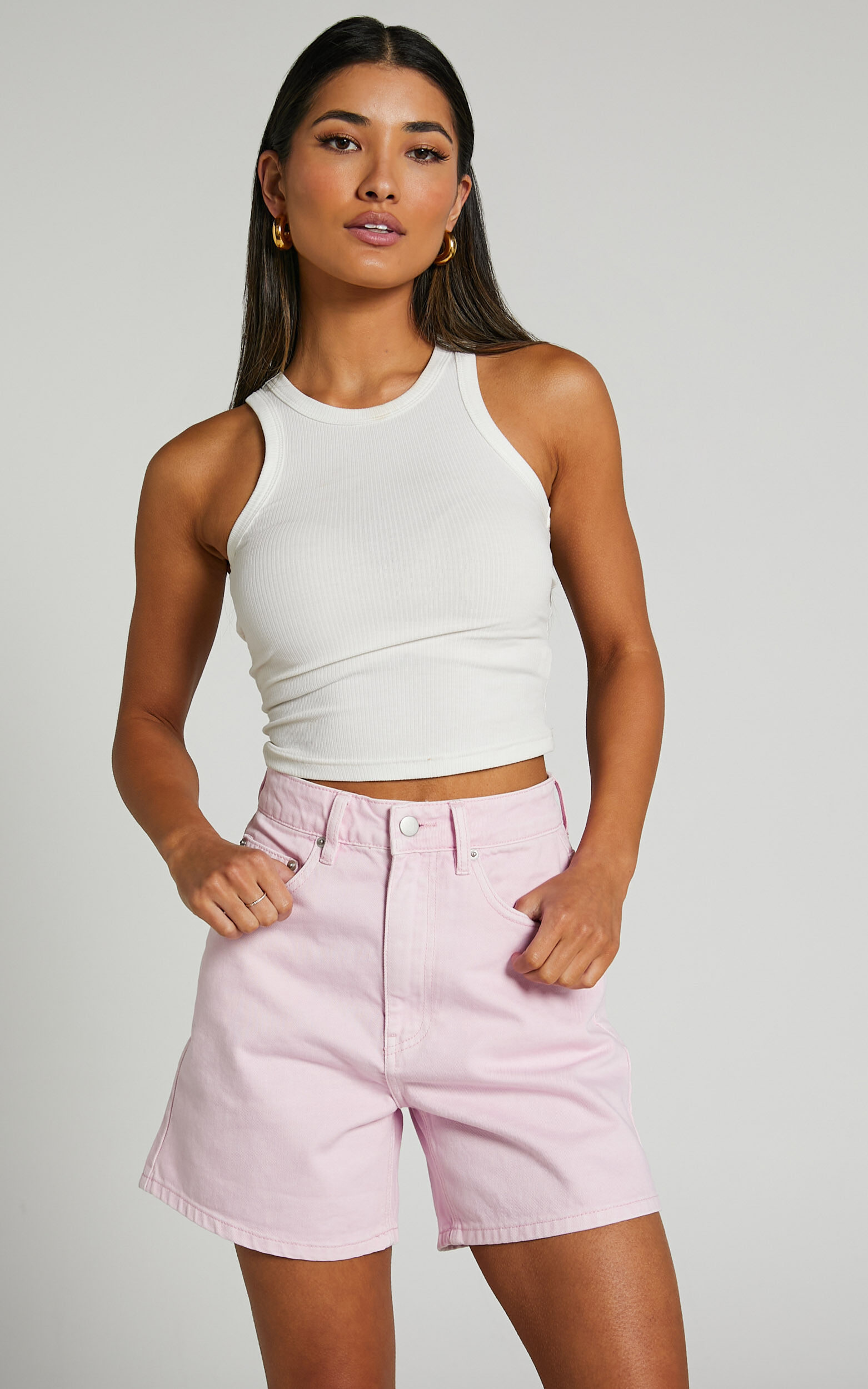 Ruffy Denim Shorts Cotton Mom Fit Shorts in Pink