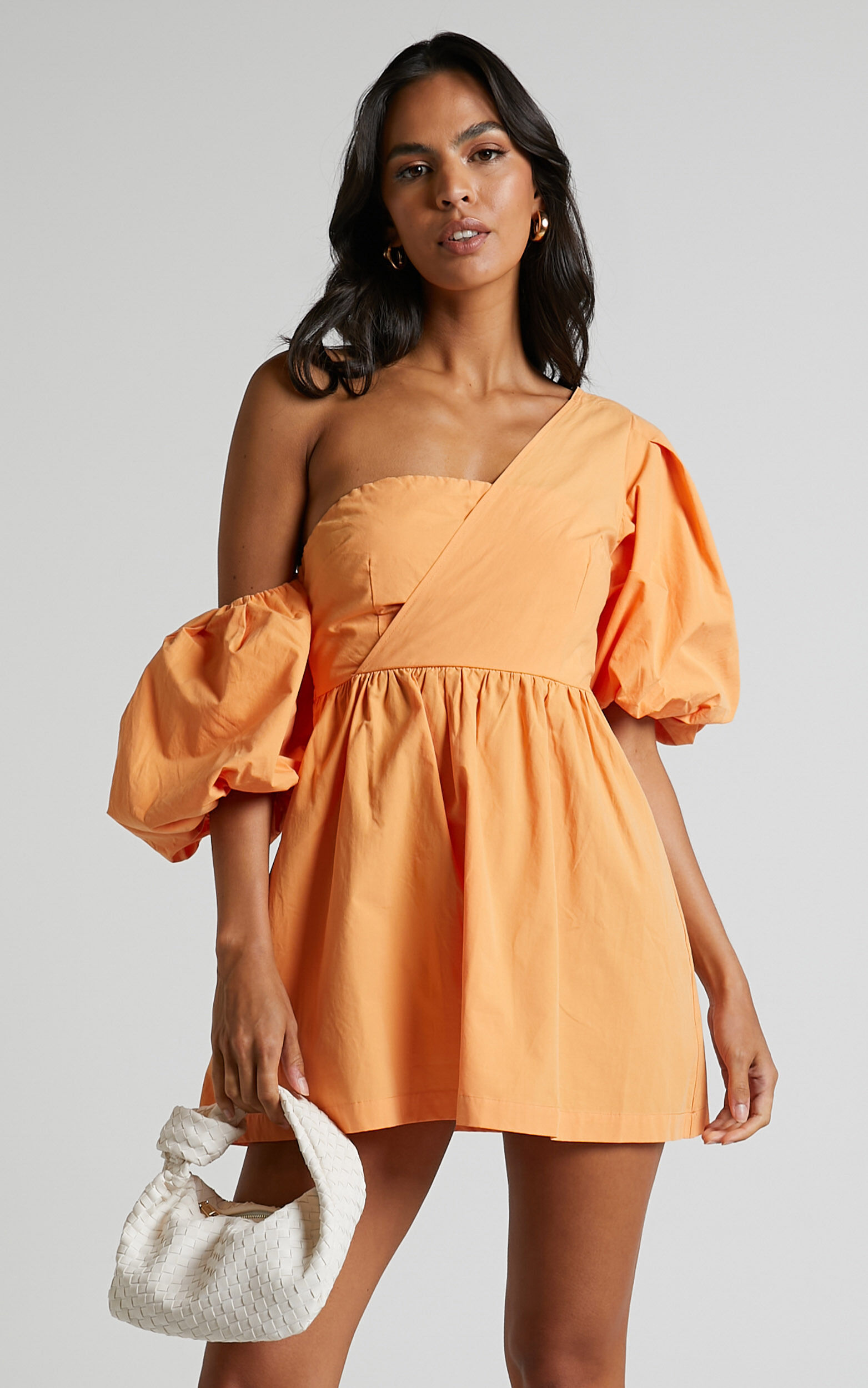 Sula Mini Dress - Asymmetric Off One Shoulder Puff Sleeve Dress in Sherbet Orange - 04, ORG1
