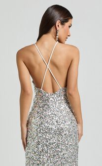 Frieda Maxi Dress - Halter Neck Cross Back Sequin Dress in Rainbow Silver