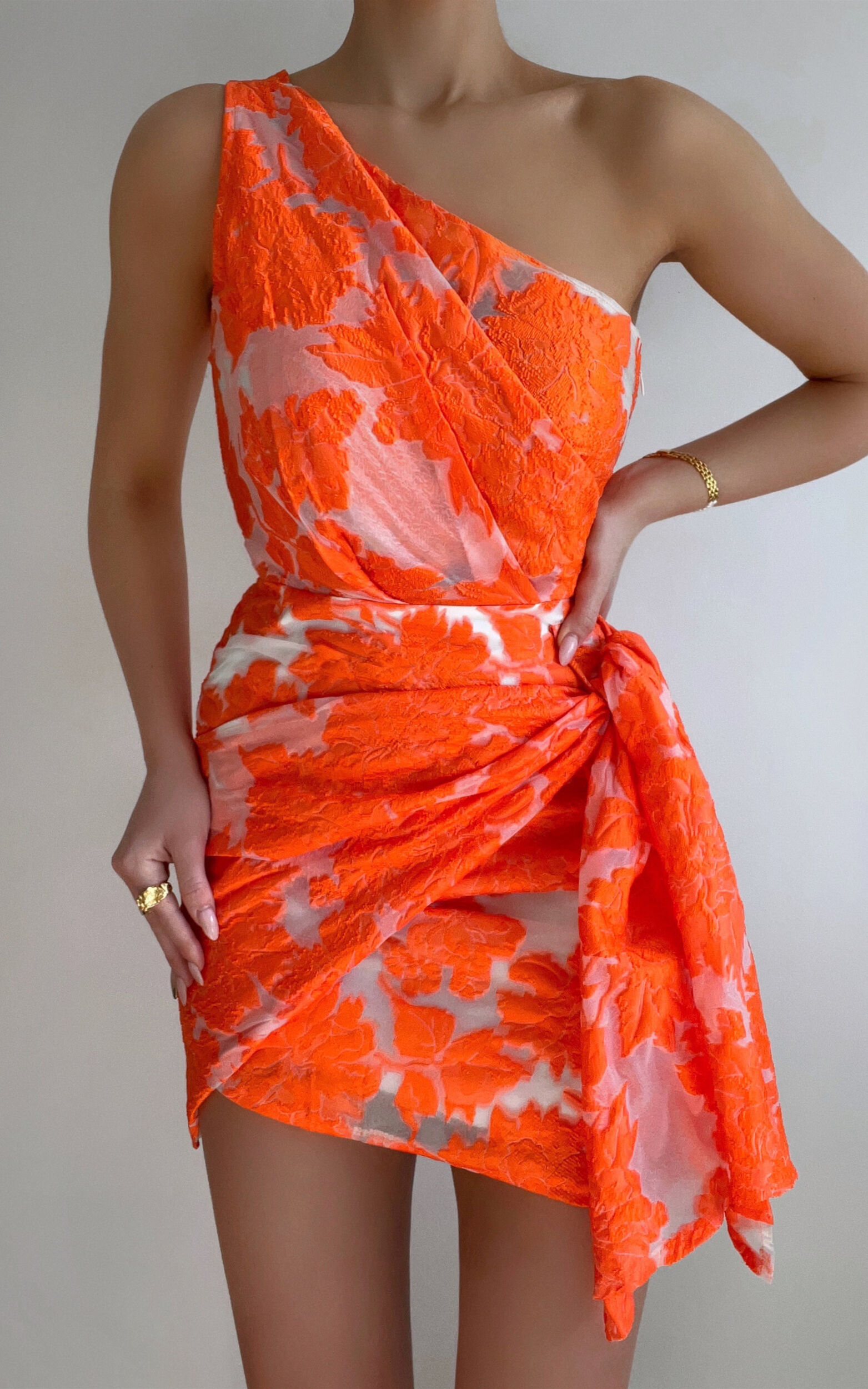 Hailey One Shoulder Mini Dress in Orange Floral - 06, ORG1