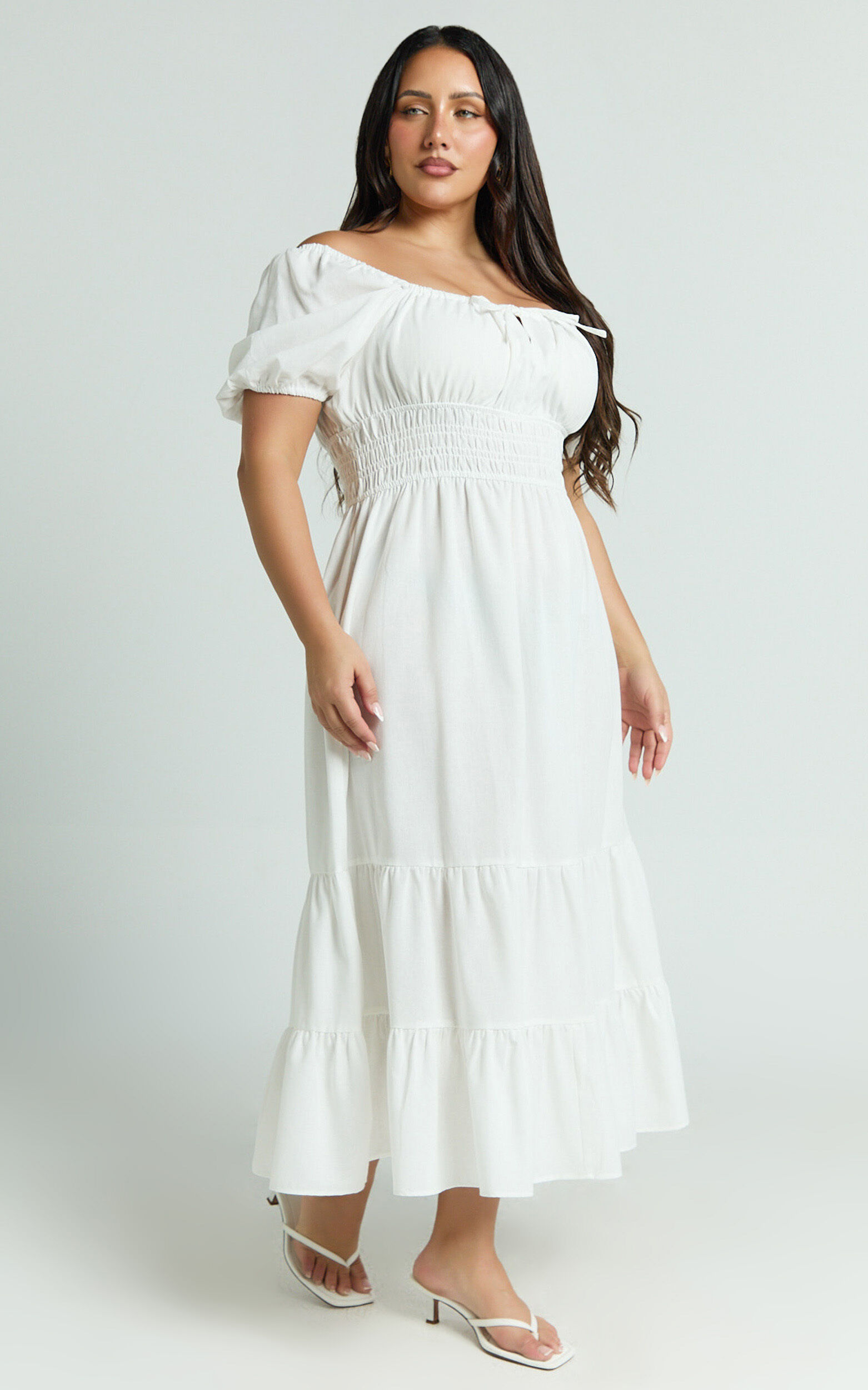 Claritza Midi Dress - Linen Look Short Puff Sleeve Square