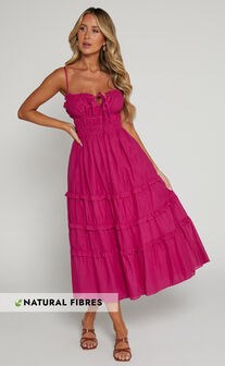 Schiffer Midi Dress - Strappy Ruched Tie Front Tiered Dress in Raspberry