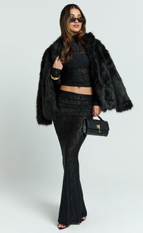 Kathleen Maxi Skirt - Mid Rise Ruched Wide Band Fishtail Jersey Skirt in Black