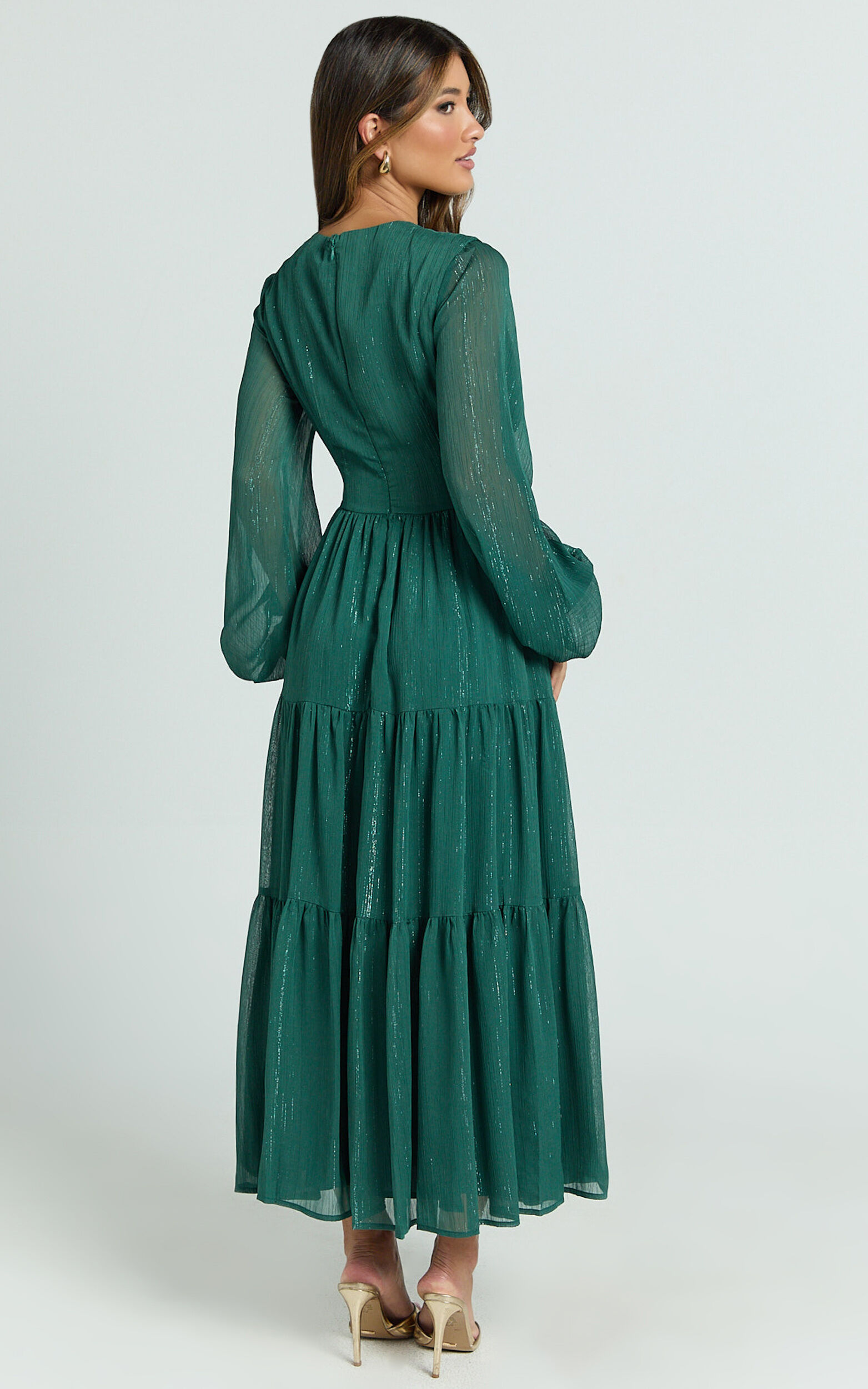 Edelyn Midi Dress - Cut Out Balloon Sleeve Tiered Dress in